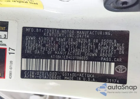 2014 Toyota Avalon Xle z USA, uszkodzony, nr VIN 4T1BK1EB4EU108605